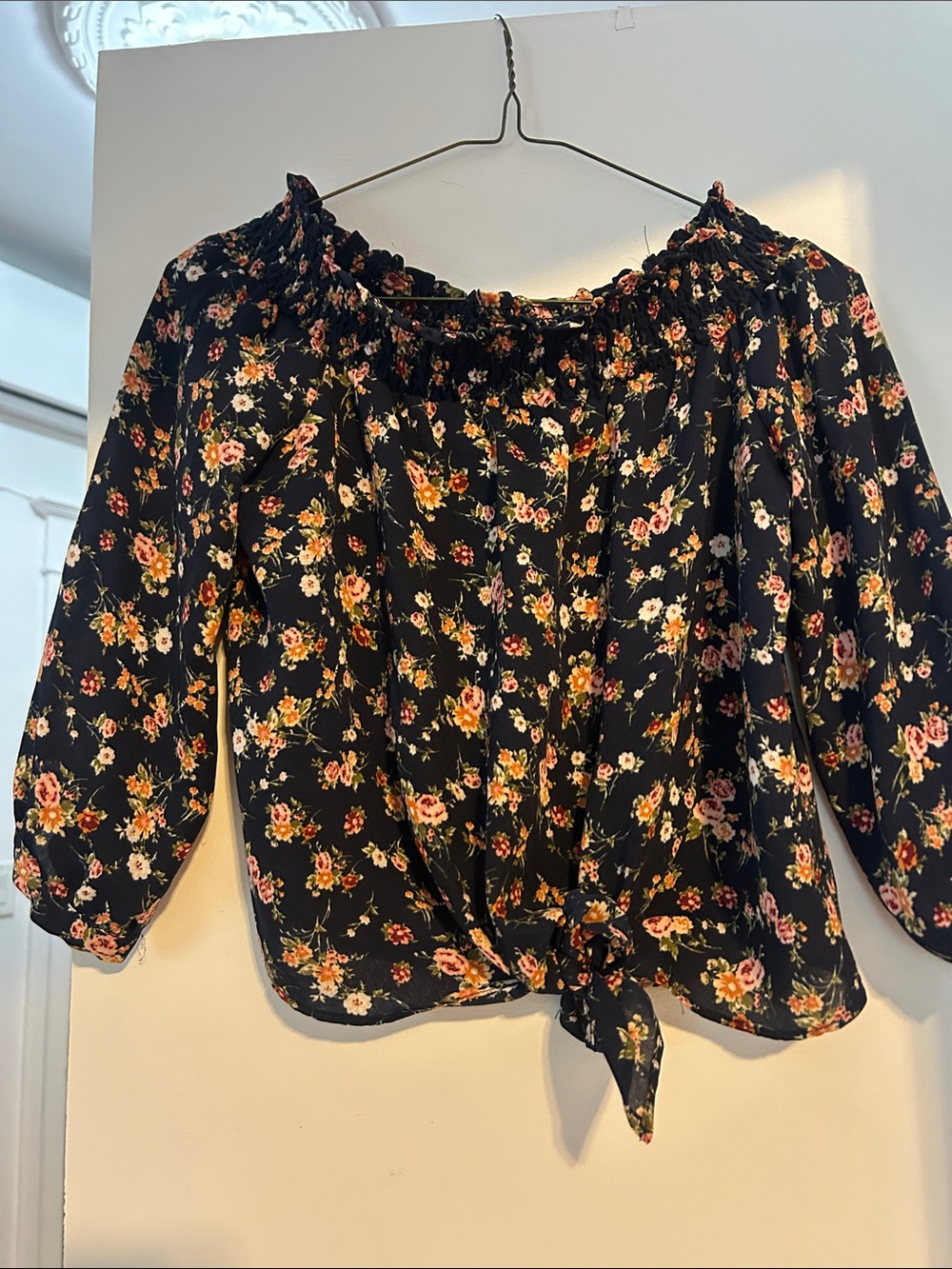 Dynamite Black Floral Off-Shoulder Tie-Front Blouse